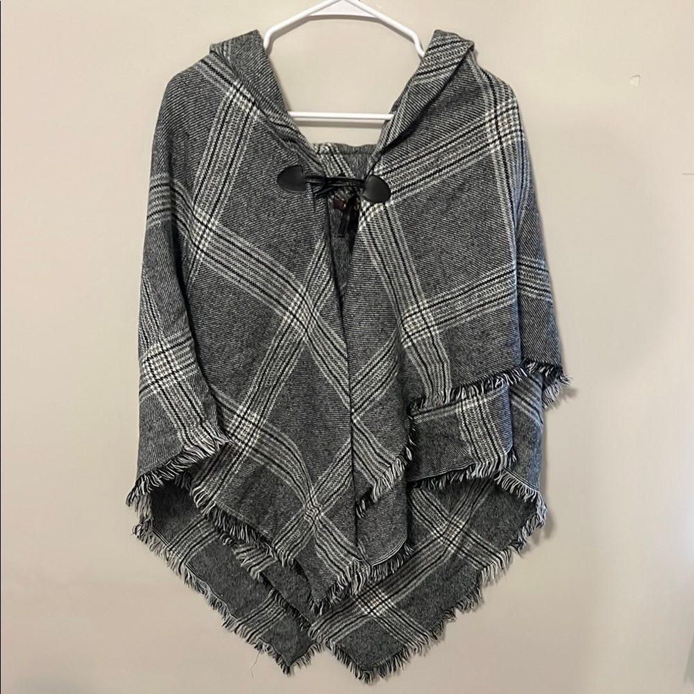 Gray Plaid Hooded Poncho